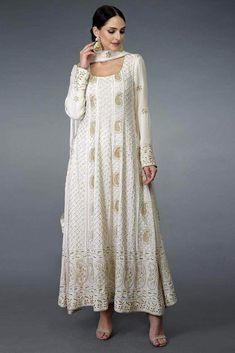 Beautiful Pure Georgette Handwork Chikankari Off-White Anarkali Suit in - Salwar Suit - FashionVibes White Anarkali Suits, Off White Anarkali, Chikankari Anarkali, White Anarkali, Silk Anarkali Suits, Indian Designer Suits, Salwar Kamiz, Designer Anarkali, Traditional Indian Outfits