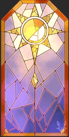 a stained glass window with the sun shining in it's center and blue sky behind