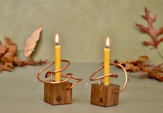 two candles are sitting on wooden blocks with wire wrapped around them and surrounded by leaves