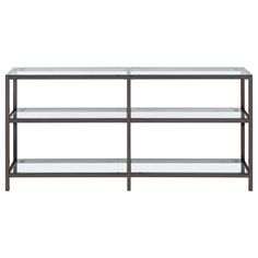 a glass and metal shelf with three shelves on each side, against a white background