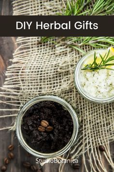 two jars filled with different types of herbs and some nuts on top of a table