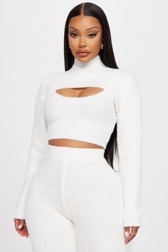 Available In Black, White, And Taupe. Cozy 3 Piece Pant Set Crop Top Bolero High Neck Long Sleeve Wide Let Pant Elastic Waistband Stretch 32" Inseam 80% Polyester 20% Nylon Imported | Feeling Cozy 3 Piece Pant Set in White size 1X by Fashion Nova Fashion Nova Outfits, Fashion Tips For Women, Cute Swag Outfits, Dope Outfits, White Fashion, Casual Fits, Lookbook Outfits, Fashion Sexy, Cute Casual Outfits