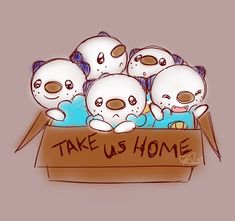 a box filled with stuffed animals sitting on top of a wooden sign that says take us home