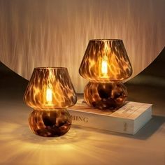 two brown glass lamps sitting on top of a white book next to a lamp shade