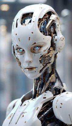 a white robot with blue eyes standing in front of a glass wall and looking at the camera