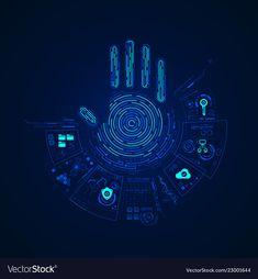 a futuristic blue background with icons in the shape of a hand on top of it