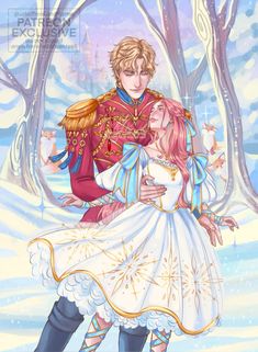 a man and woman dressed as snow princesses hugging in front of trees with snow on the ground