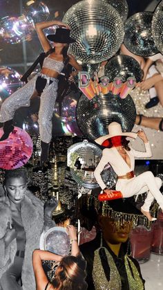 a collage of photos with disco balls and dancers