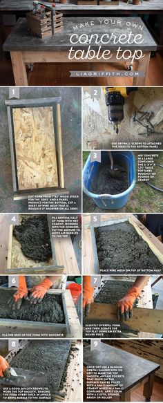 the instructions for how to make concrete table tops