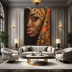 a living room filled with furniture and a painting on the wall