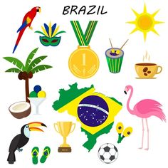 the symbols of brazil are depicted in this illustration, including flamingos, soccer balls, and other sports related items