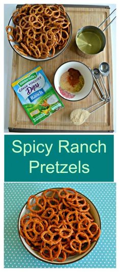 the recipe for spicy ranch pretzels is shown in two different pictures, including one with