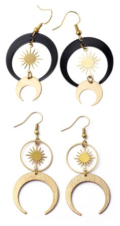 PRICES MAY VARY. SET 2 PIECE GOTHIC SUN AND MOON EARRINGS: The Sun and Moon are indispensable on the earth, representing the whole, balance and harmony. The Sun represents masculinity and the Moon represents female energy. The two complement each other, like two independent individuals collide together. MATERIALS: These handmade Earrings are made out of truly beautiful textured raw brass, combined with smooth and sparkly/shiny brass. SIZE AND LENGTH: The Black Sun and Moon Pendant measures 1.18 Boho Christmas Earrings, Boho Sun And Moon, Sun And Moon Earrings, Shrinky Dink Crafts, Moon Star Pendant, Marauders Dr, Earrings Goth, Gothic Boho, Female Energy