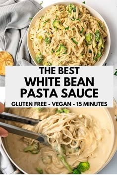 the best white bean pasta sauce with broccoli in a bowl and a hand holding a spatula