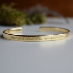 "Looking for a gift for girlfriend, boyfriend, wife or husband? Gold-plated bracelet will be a gorgeous and unforgettable  present. Gold plating comes in varying levels of quality, largely depending on the thickness and purity of the gold coating. Our Gold plated bracelets are coated with 22K gold and the thickness of the gold layer is 0.5 microns (it's sufficient even for jewelry pieces that are exposed to rough wear). - Gilted bracelet engraved with your chosen message. - The  thickness of gol Luxury Gold Jewelry With Engraved Text, Luxury Minimalist Engraved Bracelets, Luxury Engraved Bracelets For Anniversary, Luxury Engraved Gold Bracelet Classic Style, Luxury Engraved Wedding Bracelets, Cheap Personalized Gold Wristband, Cheap Engraved Bracelets For Anniversary, Luxury Classic Gold Engraved Bracelet, Cheap Gold Bracelet With Custom Text