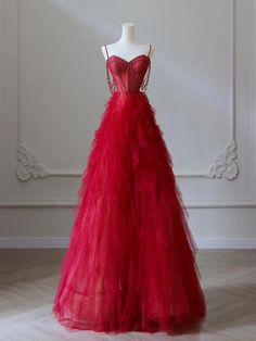 A-Line Evening Dress Heart-shaped collar Tulle layered Long with Beads Elegant Sweet Dress Red Tulle Prom Dress, Graduation Dresses Long, Prom Dress Red, Ruffle Prom Dress, Tulle Sleeves, Elegant Red, Tulle Prom Dress, Prom Dresses Blue, Party Dress Long