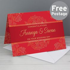 a red and gold wedding card with the words congratulations on it