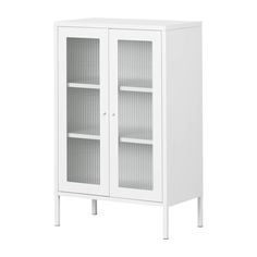 a white cabinet with glass doors on the front and bottom shelves, against a white background