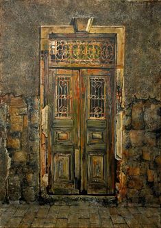 a painting of an old wooden door on a stone wall with brick floor and walls