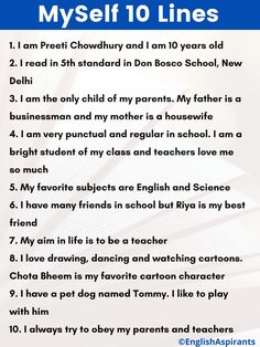 10 Lines on Myself , My Self 10 Lines: Conversation For Kids, English Conversation For Kids, College Essay Examples, Reading Comprehension For Kids, Hindi Language Learning, English Conversation, Essay Writing Skills