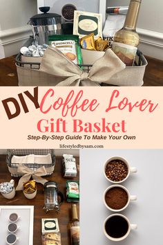 the coffee lover gift basket is on display