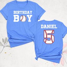 two shirts with the number 5 and baseball on them that say birthday boy and danielle