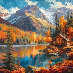 Mountain Lake Lodge Breathtaking Scenic Views Bob Ross Art, Free Photo Frames, Lake Lodge, Mountain Lake, Autumn Art, Scenic Landscape, Nature Scenes