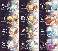 zodiac signs and their meaningss are depicted in this cartoon character's art work