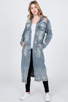 Our favorite denim duster is to be yours! Dusty Denim Long Duster Distressed Button Down 4 Pockets 90% Cotton 10% Polyester Long Distressed Denim Jacket, Denim Duster, Long Denim Jacket, Distressed Jean Jacket, Distressed Jacket, Duster Jacket, Bermuda Jeans, Trench Jacket, Distressed Denim Jacket