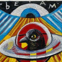 a painting of a bird wearing a hat with the words beam on it's side