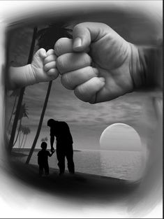 a man holding the hand of a child in front of an image of palm trees