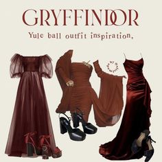 there are three different dresses and shoes on this page with the caption greyfinor yule ball outfit inspiration, red