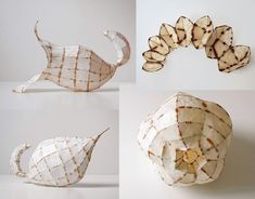 four different images of an origami bird made out of white and brown paper