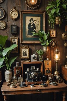 an old fashioned camera sitting on top of a wooden table in front of pictures and plants