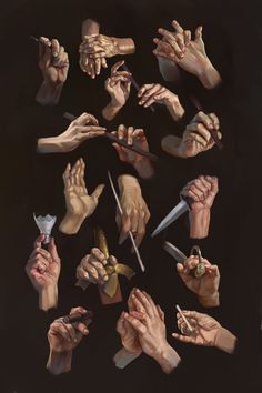 many hands holding scissors and knives in different positions