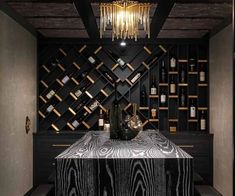 a wine cellar with many bottles on the shelves and a chandelier hanging from the ceiling