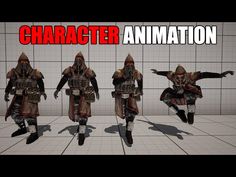 an animated video game character is shown in three different poses, with the text character animation