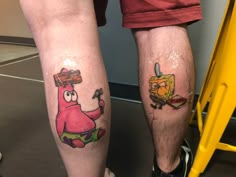 two people with tattoos on their legs, one has a spongebob and the other has a sandwich