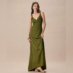 Details: - Occasion: Special Occasion - Fabric Stretch: No Stretch - Waist: High Waisted - Dress Type: Sheath Dress - Silhouette: A-Line - Fabric: Polyester 97.0%, Spandex 3.0% - Lining: Polyester 100.0% - Material: Satin Description: This Exquisite Maxi Dress Features A Deep V Neckline, Adding A Touch Of Sophistication While Accentuating The Dcolletage. The Ruched Detailing Throughout The Dress Provides A Flattering Fit And Elegant Texture, Enhancing The Overall Silhouette. No Defects Such As Tears, Holes, Rips Or Stains. No Refunds, Returns, Or Exchanges If You Have Any Questions Regarding This Item Or Any Of The Other Items Listed Please Message Me. Thank You! Olive Green Boho Dress, Green Bridesmaid Dress, Sets Outfit, Elegant Texture, Ruched Maxi Dress, Green Dresses, Green Bridesmaid Dresses, High Waist Dress, Satin Maxi