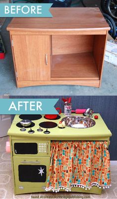 the before and after pictures of an old toy stove