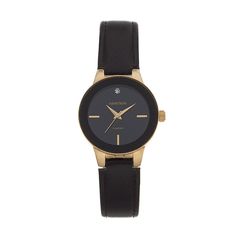 Smart, simple and sophisticated, this women's diamond-accent watch from Armitron lends a hint of sparkling style to any attire.DISPLAY Dial color: black sunray with diamond-accent hour marker Face cover material: mineral crystal CASE Material: gold-tone metal with black bezel and stainless steel back Diameter: 30 mm BAND Material: black leather Clasp: buckle Circumference: 175 mm Width: 14 mm DETAILS Movement: quartz Power: battery Water resistance: 30 meters Packaging: gift boxed Warranty: manu Packaging Gift, Women Diamond, Minerals Crystals, Face Cover, Black Watch, Gold Tone Metal, Leather Watch, Gender Female, Womens Watches