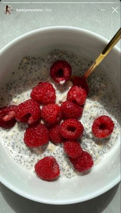 a bowl filled with oatmeal and raspberries on top of it