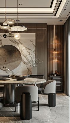 an elegant dining room with marble table and chairs, art work on the wall behind it