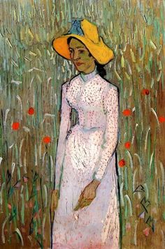 a painting of a woman in a white dress and yellow hat standing in a field