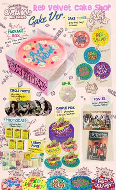 an advertisement for red velvet cake shop with lots of different designs and colors on it