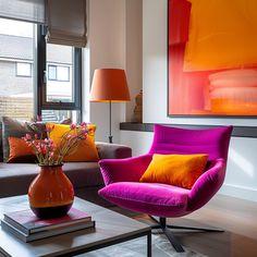 a living room filled with furniture and a painting on the wall