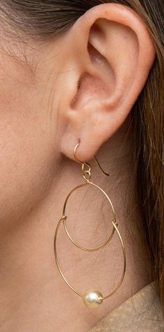 Handmade Yellow Gold-Filled Faux Pearl Dangling Hoop-and-a-Half Hoop Earrings w/Hook Clasp, 46mm - LooptyHoops Brass Dangle Hoop Earrings, Elegant Handmade Hoop Earrings, Unique Pearl Earrings, Wire Earrings Handmade, Handmade Hoop Earrings, Wire Jewelry Earrings, Gold Bead Earrings, Hook Clasp, Diy Wire Jewelry