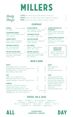 the menu for miller's is shown in green and white, as well as other items