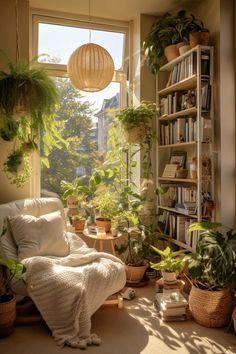 a living room filled with lots of plants and potted plants next to a window