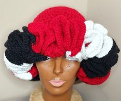 Sports fans you may customize this hat with your favorite team colors or for any special occasion. Ruffle Hat Crochet, Billy Gibbons Hat, Black And Red Crochet, Sports Crochet, Crochet Ruffle Hat, Ruffle Hat, Bonnet Au Crochet, Billy Gibbons, Crocheted Hats